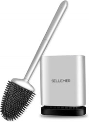 Sellemer Toilet Brush and Holder Set for Bathroom, Flexible Toilet Bowl Brush Head with Silicone Bristles, Compact Size for Storage and Organization, Ventilation Slots Base (Silver)