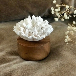 Oil diffuser, porcelain diffuser coral flower, wood acacia base with craft porcelain flower. Organic product. ANOQ French Riviera collection