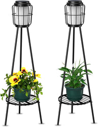 Metal Solar Floor Lamps Outdoor with Plant Stand, 2 Pack Waterproof Solar Lantern Lights for Patio Deck Yard Garden Porch (Black)