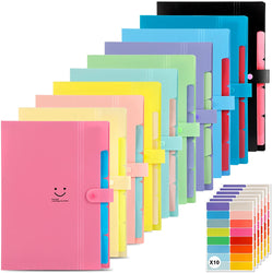 EOOUT 10pcs Expanding File Folders, A4 Letter Size Plastic Accordion Document Organizer with Snap Button, 160 Stickers in 16 Colors, for School and Office Supplies