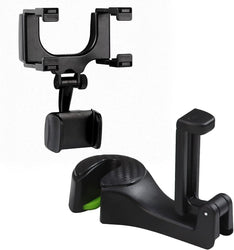 4every Rear View Mirror Phone Holder + Back Seat Hanger Car Holder, Mobile Headrest Hook Holder.