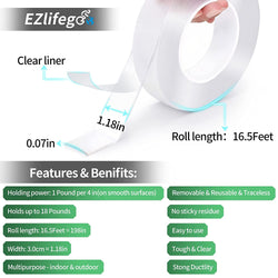 EZlifego Double Sided Tape Heavy Duty(16.5FT/5M)，Multipurpose Wall Tape Adhesive Strips Removable Mounting Tape,Reusable Strong Sticky Transparent Tape Gel Poster Carpet Tape for Paste Items,Household