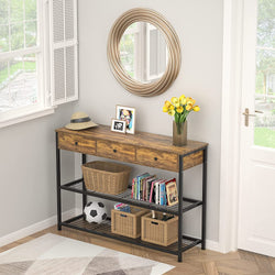 Table with 3 Drawers, 47'' Industrial Sofa Table Entryway Table Narrow Long with Storage Shelves