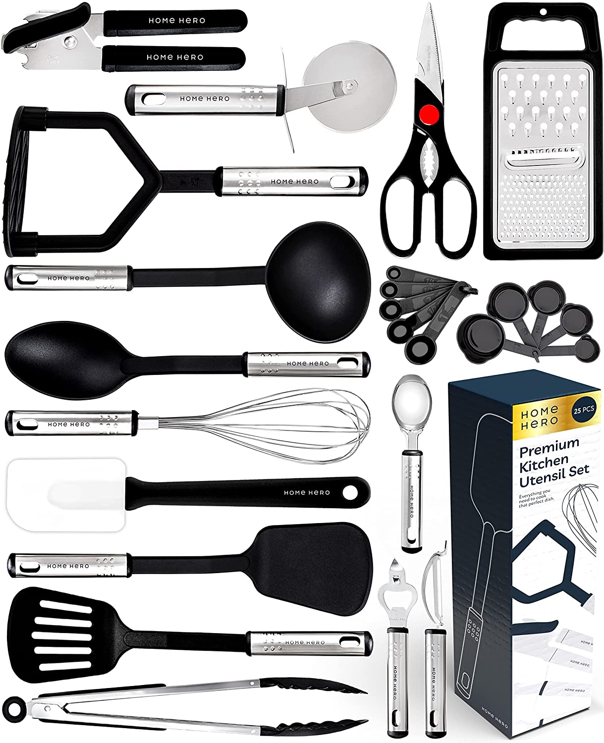 Home Hero 25 pcs Kitchen Utensils Set - Nylon & Stainless Steel Cooking Utensils Set - Non-Stick Kitchen Utensils with Spatula - Kitchen Gadgets Cookware Set - Kitchen Tool Set - Kitchen Ladles