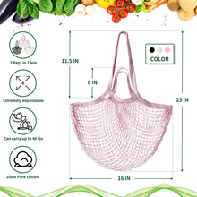 WOOJAY Cotton mesh bags -Reusable Mesh Grocery Bags -Double handles net shopping bag-Mesh tote bag, fruit & vegetable market bags - 3 Pack (Beige, Pink, Black) -Large