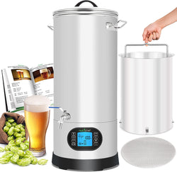 NutriChef PKBRKTL150 All-In-One Home Beer Brewing Mash and Boil Device 5-Piece Maker Machine Set 9 Gallon 1600w Max w/LCD Display Programmable Multi-Step Control System, Stainless Steel