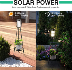 Metal Solar Floor Lamps Outdoor with Plant Stand, 2 Pack Waterproof Solar Lantern Lights for Patio Deck Yard Garden Porch (Black)