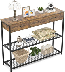 Table with 3 Drawers, 47'' Industrial Sofa Table Entryway Table Narrow Long with Storage Shelves