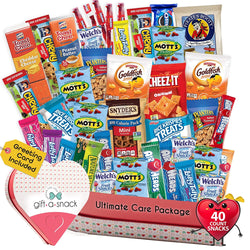 Heart Shape Snack Box Care Package (40 Count) Bulk Variety Pack Individually Wrapped, Candies Chips Cookies, College Summer Camp Gift Basket, Crave Food Birthday Sweet Treats for Adults Kids Teens