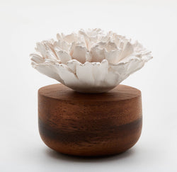 Oil diffuser, porcelain diffuser coral flower, wood acacia base with craft porcelain flower. Organic product. ANOQ French Riviera collection