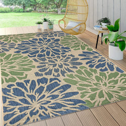 Modern Floral Textured Weave Indoor Outdoor Area Rug Bohemian Coastal Easy Cleaning Bedroom Kitchen Backyard Patio Non Shedding, 5 X 8, Navy/Green
