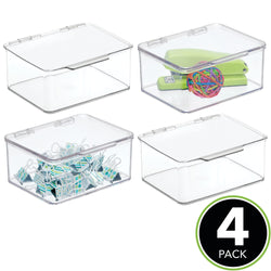 mDesign Plastic Stackable Home, Office Supplies Storage Box, Lid, 4 Pack - Clear