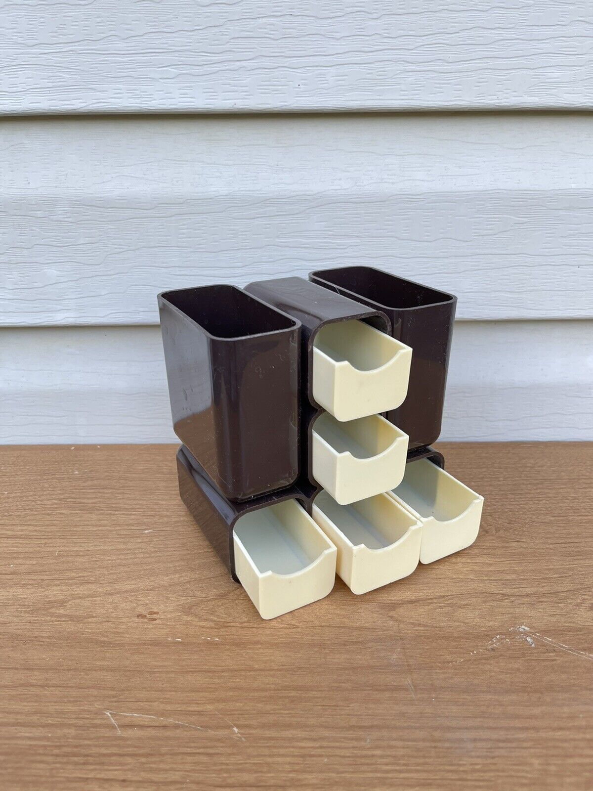 Vintage MID-CENTURY PLASTIC DESK ORGANIZER PEN HOLDER CADDY PAPER CLIPS Brown