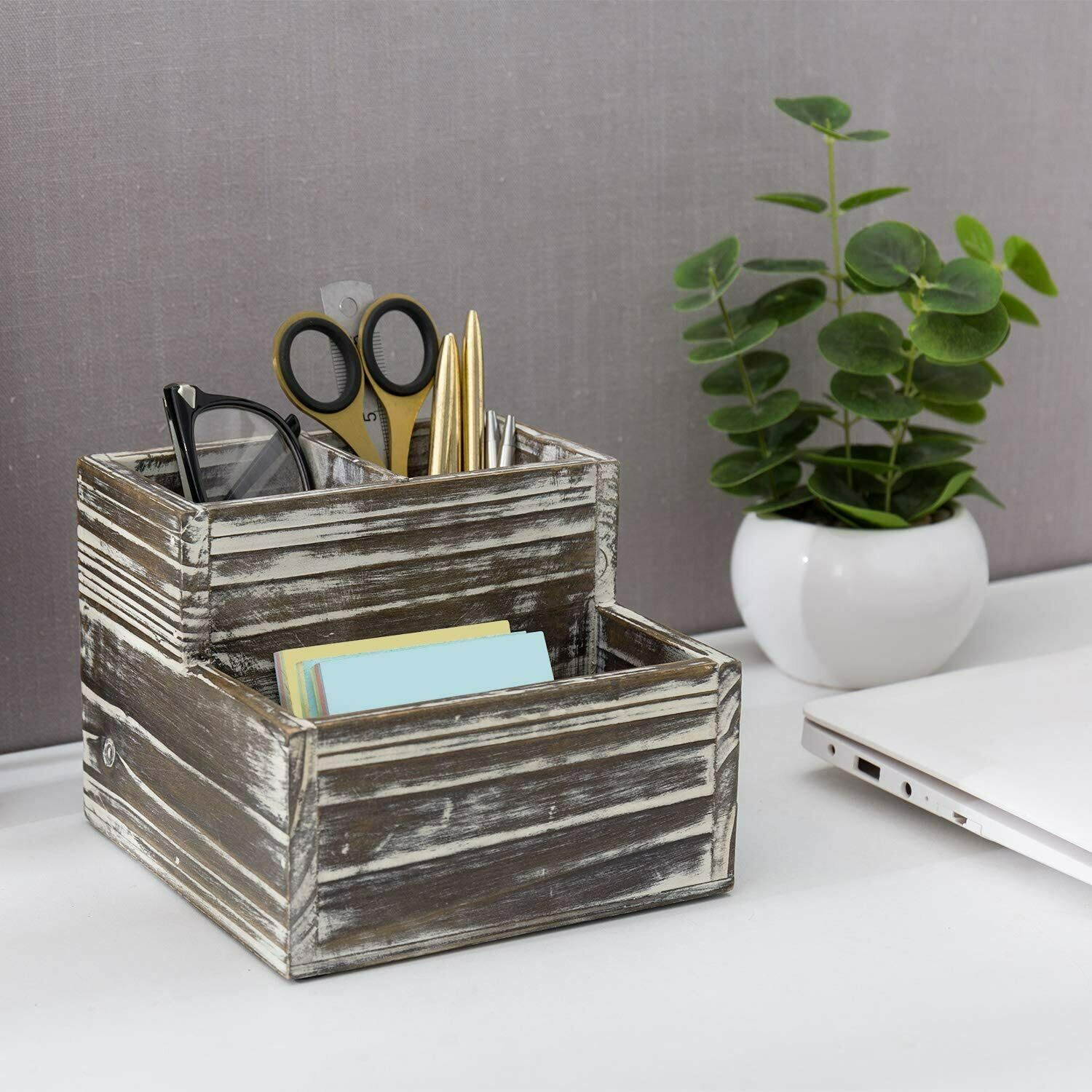Rustic Torched Wood Table Top Home Office Desk Organizer Accessories Set  5-Piece